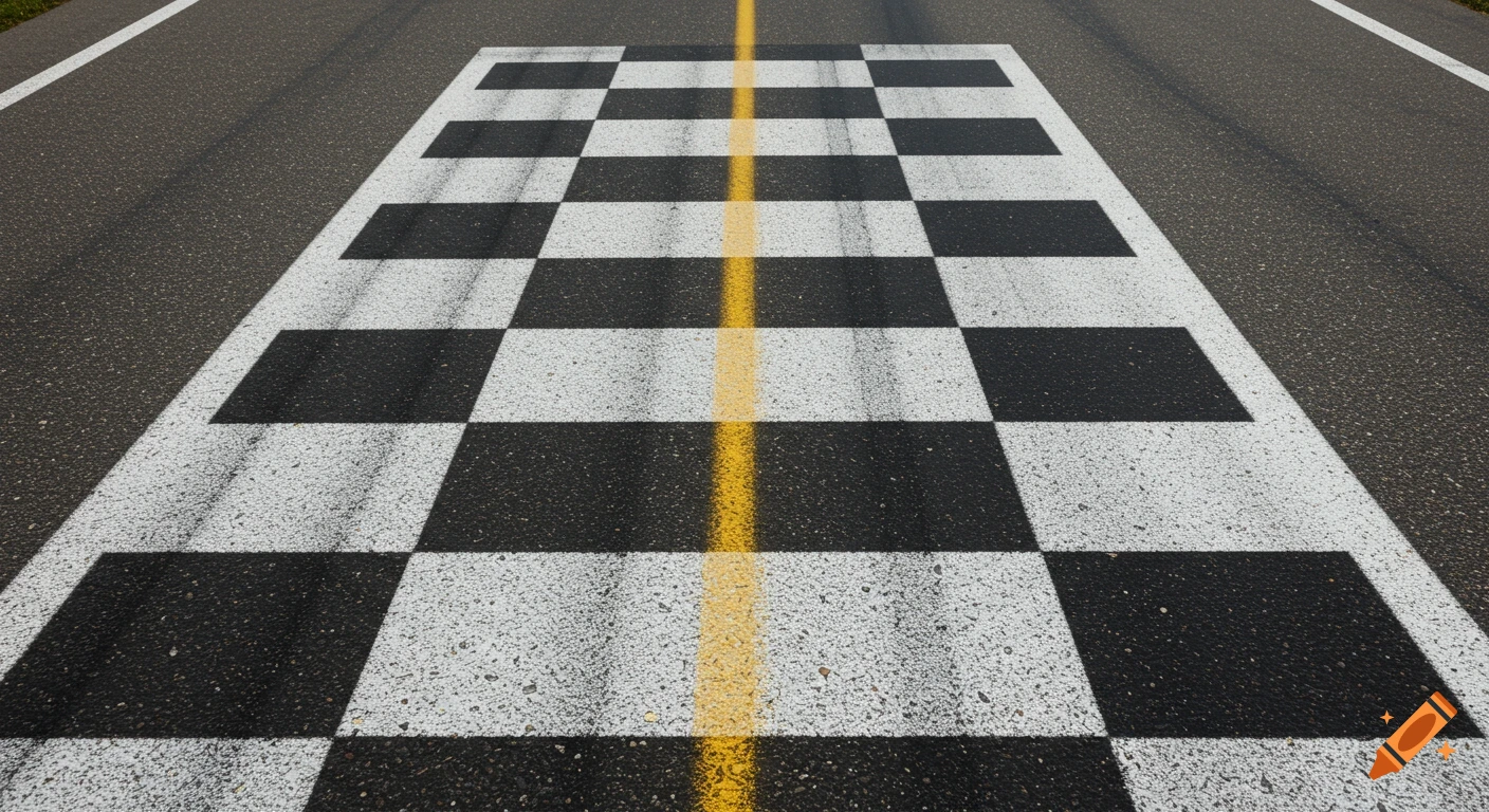 A checkered finish line painted on an asphalt road with a yellow center line.