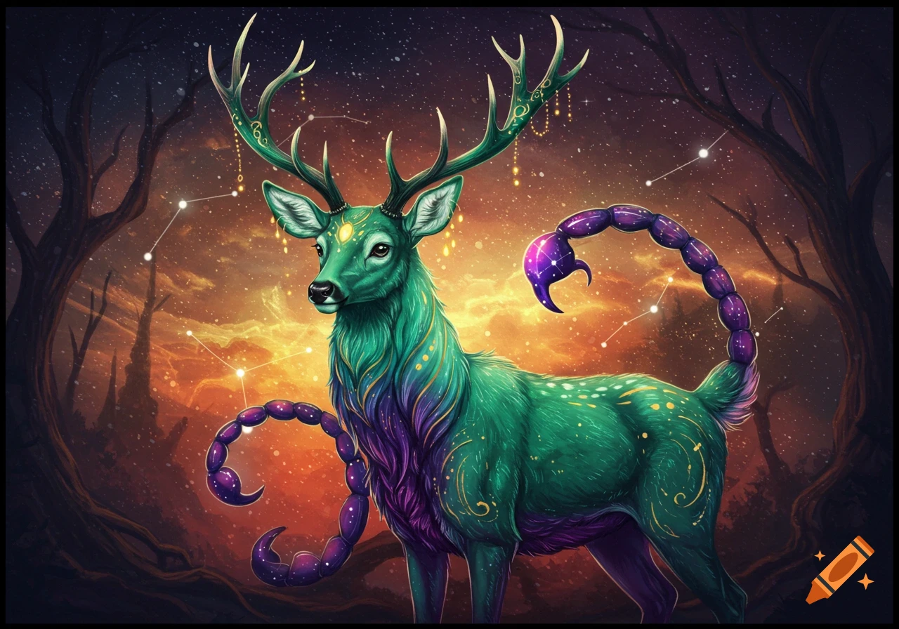 A mystical green deer-like creature with ornate antlers and scorpion tails stands in a starry forest.