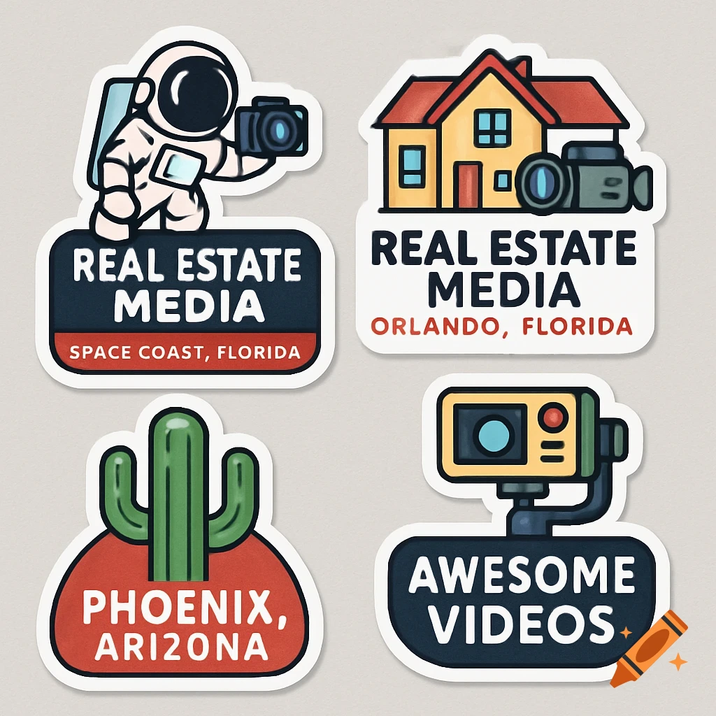 Four illustrated stickers for a real estate media company, featuring an astronaut, house, cactus, and camera with text labels.
