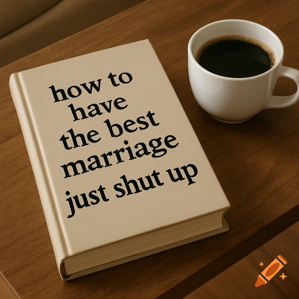 A book titled "how to have the best marriage just shut up" sits on a table next to a white mug of coffee.