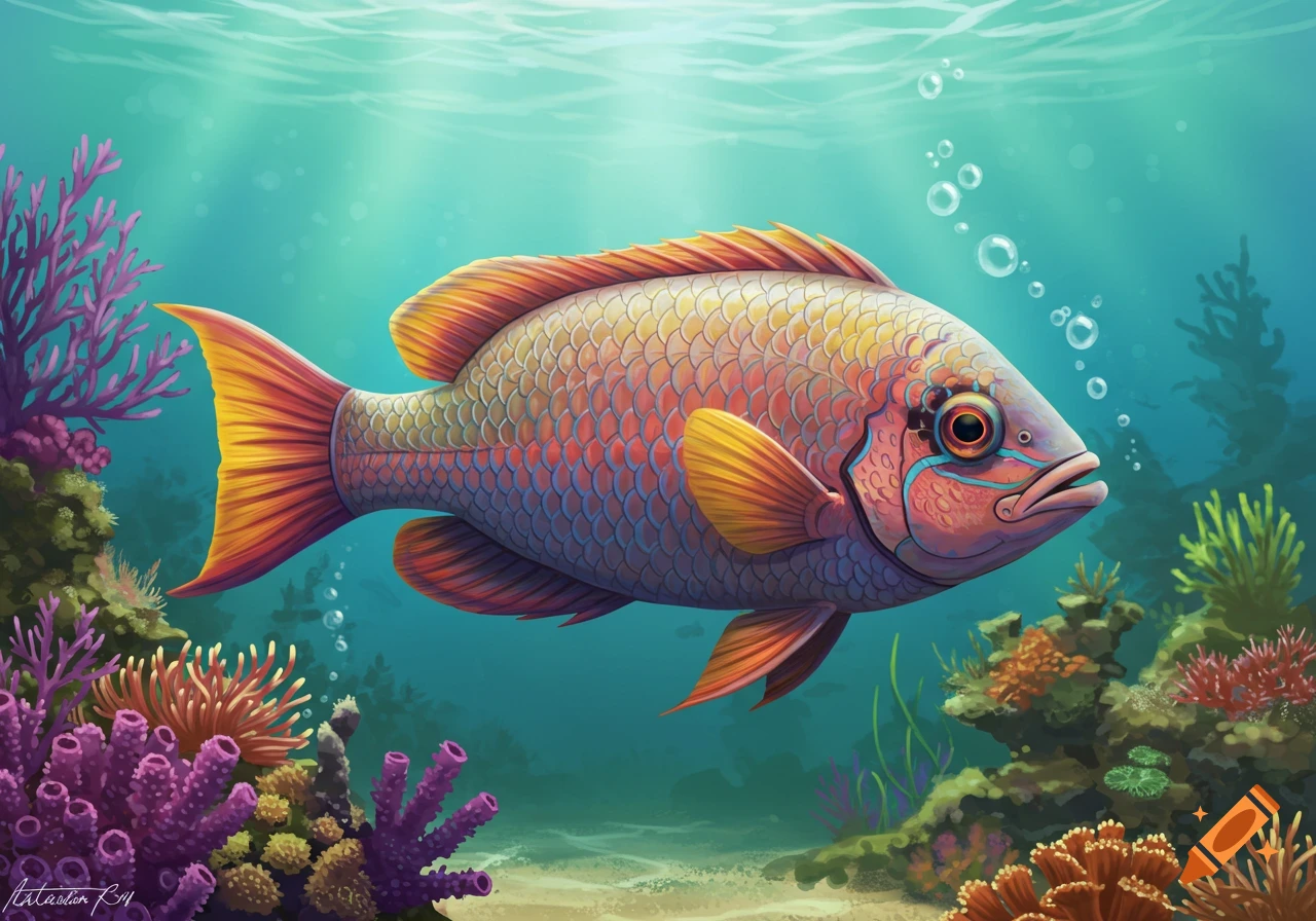 A vibrantly colored fish swims through a coral reef in an underwater illustration.