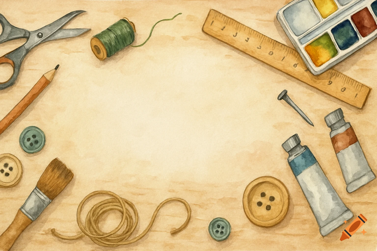 Watercolor flat lay of art and craft supplies including scissors, thread, buttons, and paints on a wooden background.
