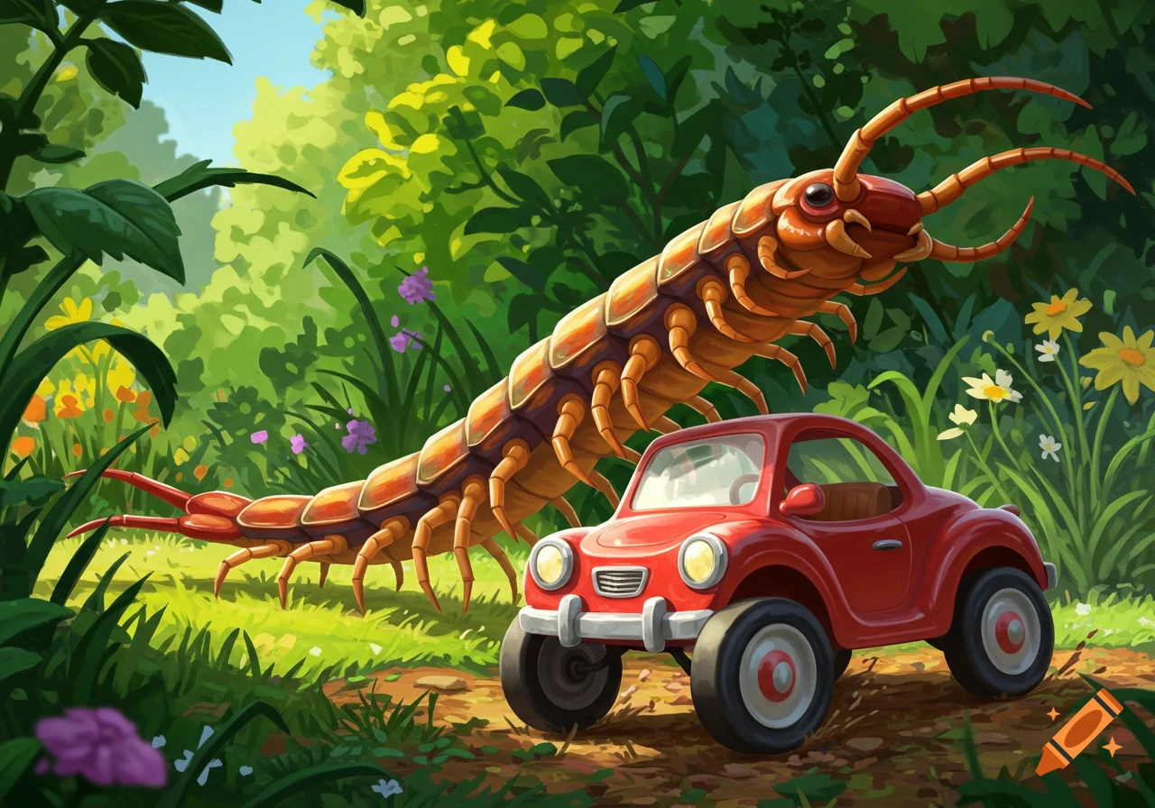 A large orange centipede looms over a small red toy car on a forest path.