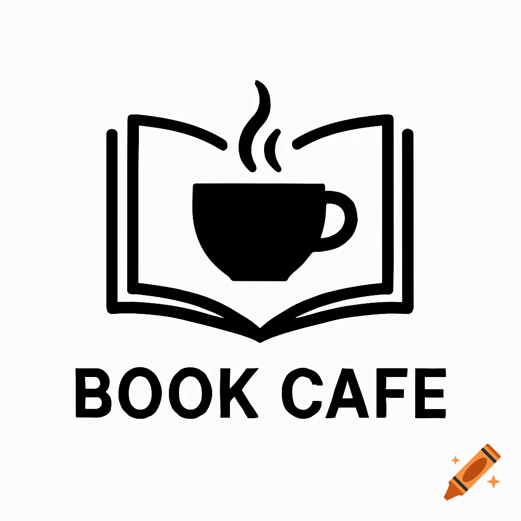 Minimal black and white logo of an open book with a steaming coffee cup and the text BOOK CAFE.