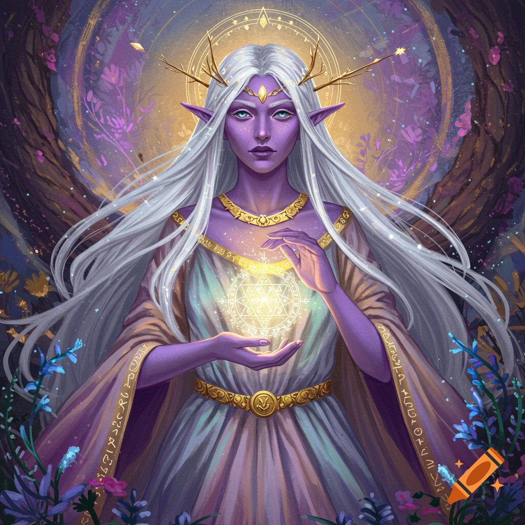 Purple-skinned elf goddess with white hair and golden antlers holds glowing magic, surrounded by plants and light.