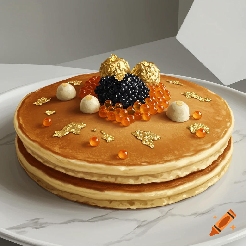 Stack of pancakes topped with black and orange caviar, white spheres, and gold flakes on a white plate.