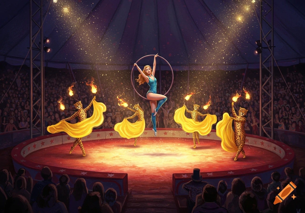 An acrobat performs in a hoop while dancers in leopard costumes with fire move below, surrounded by an audience in a circus tent.