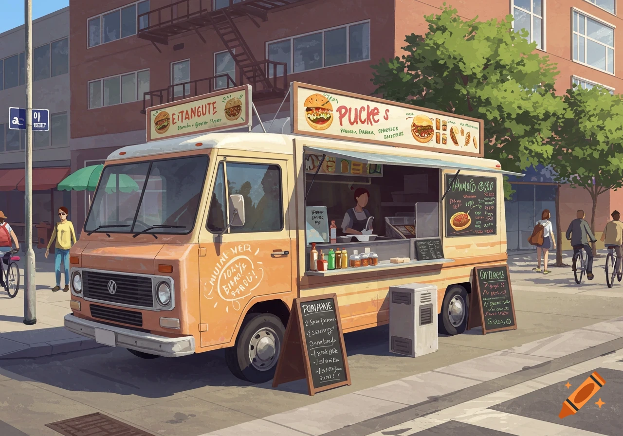 A street scene with an orange food truck, people, and buildings in an illustrative style.
