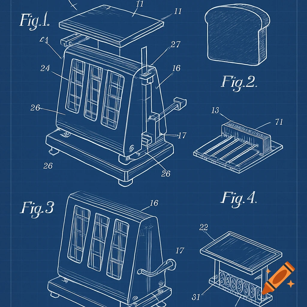 Blueprint schematic of a toaster and slice of bread in technical drawing style.