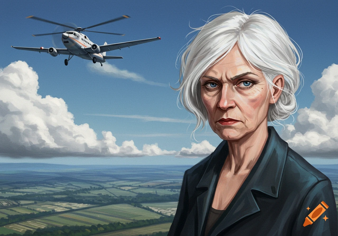 Painting of a grumpy-looking woman with white hair in the foreground, with a helicopter flying over a landscape in the background.