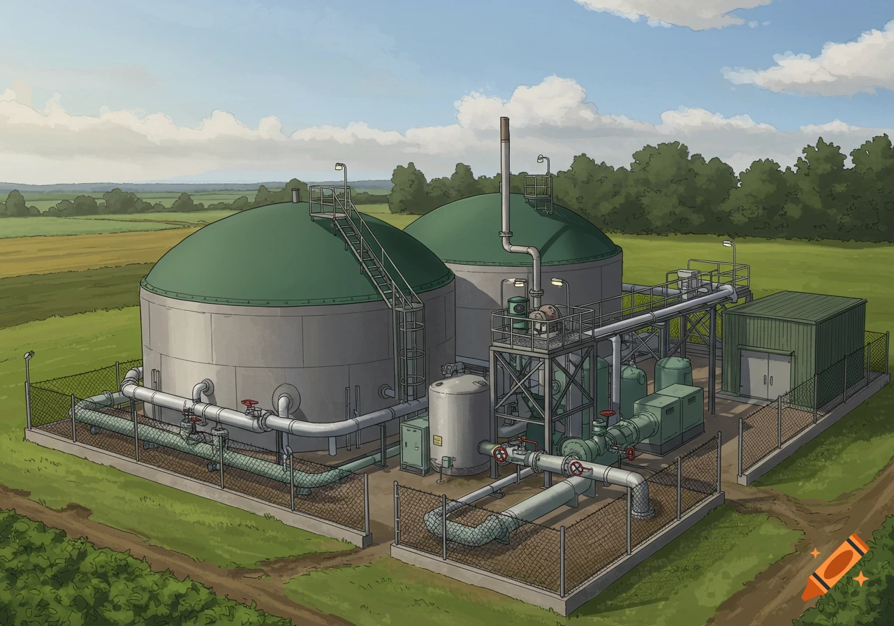 Illustration of a biogas plant with silos and pipes in a rural landscape