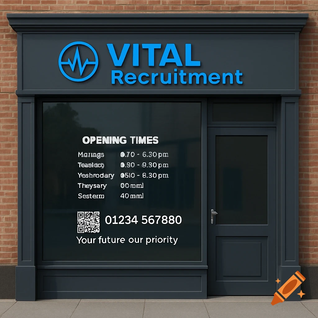 Storefront for Vital Recruitment agency with opening times, phone number, and QR code on the window.