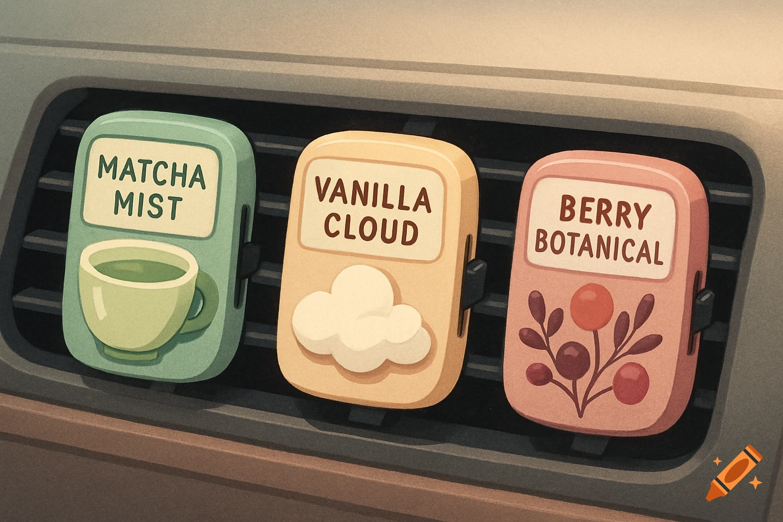 Trendy illustration of three car air freshener clips on a vent, labeled MATCH MIST, VANILLA CLOUD, and BERRY BOTANICAL.