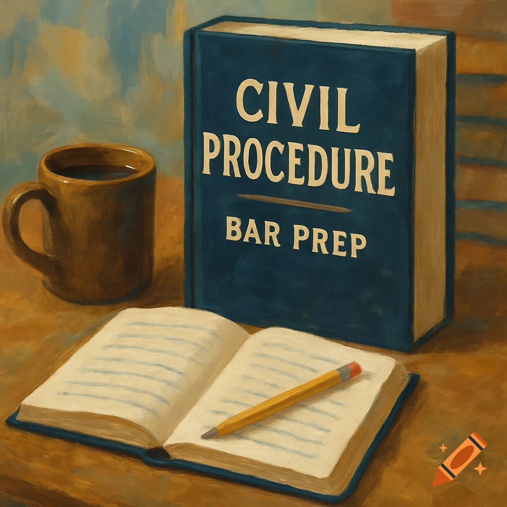 A painterly image of study materials: blue book titled 'Civil Procedure Bar Prep', open notebook, pencil, and coffee mug.