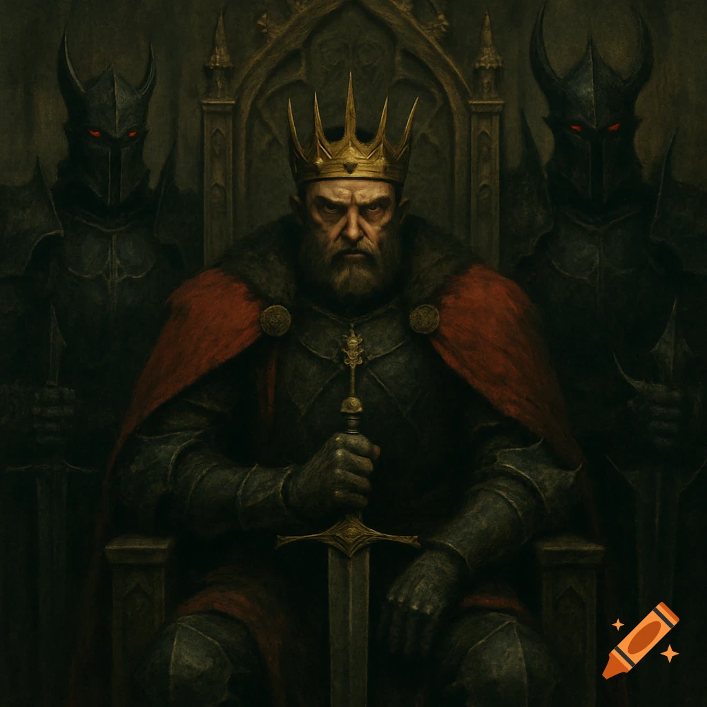 A grim king sits on a throne, holding a sword, flanked by two dark knights with glowing red eyes.