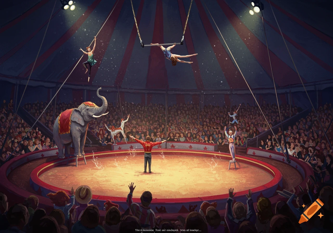 Illustration of a circus performance with trapeze artists, an elephant, clowns, and ringmaster in a big top.