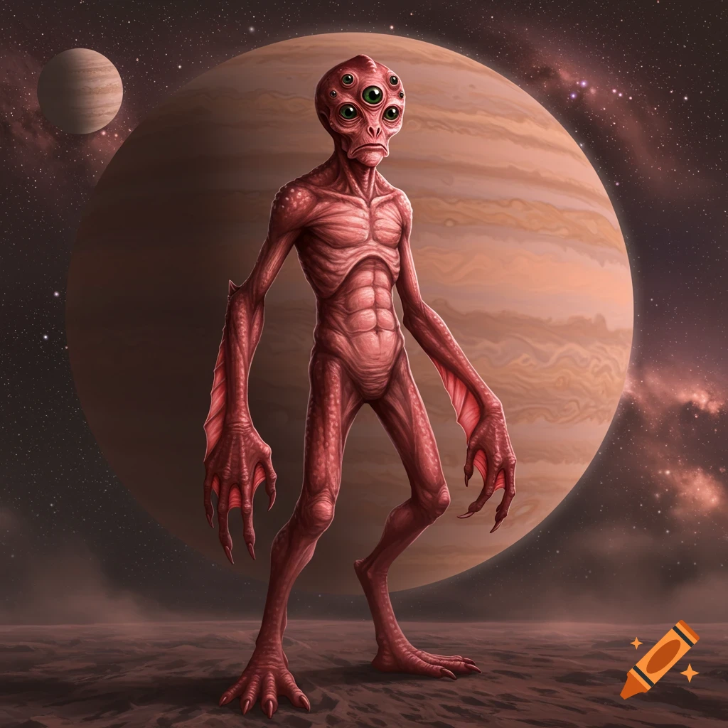 Red-skinned alien creature with multiple eyes and webbed hands/feet stands on a planet surface in front of a gas giant.