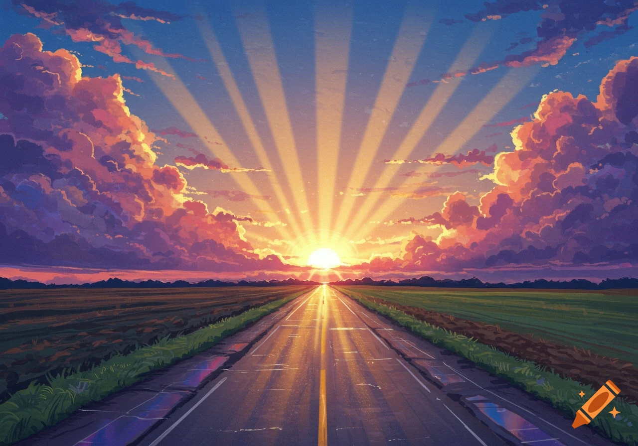 A stylized landscape of a road leading into a sunset with dramatic ...