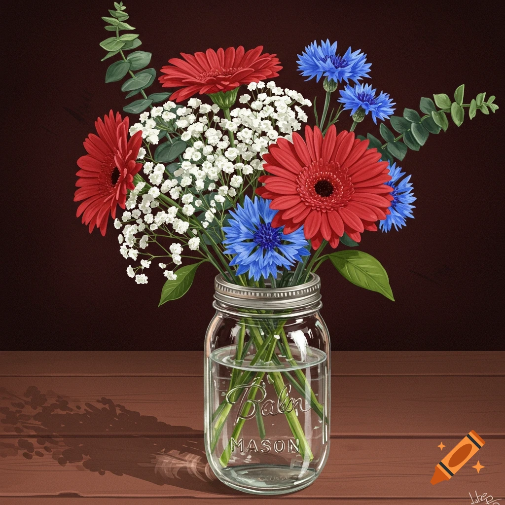 Bouquet of red gerbera daisies, white baby's breath, and blue cornflowers in a mason jar on a wooden table.