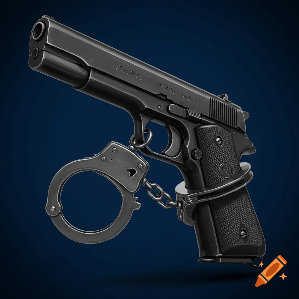 A black handgun is restrained by metal handcuffs against a dark background.