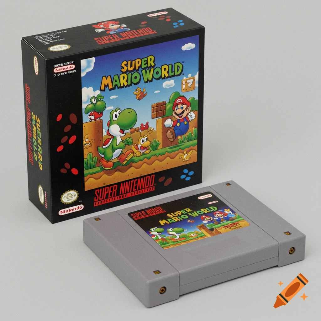 Super Nintendo Super Mario World game box and cartridge on a grey surface.