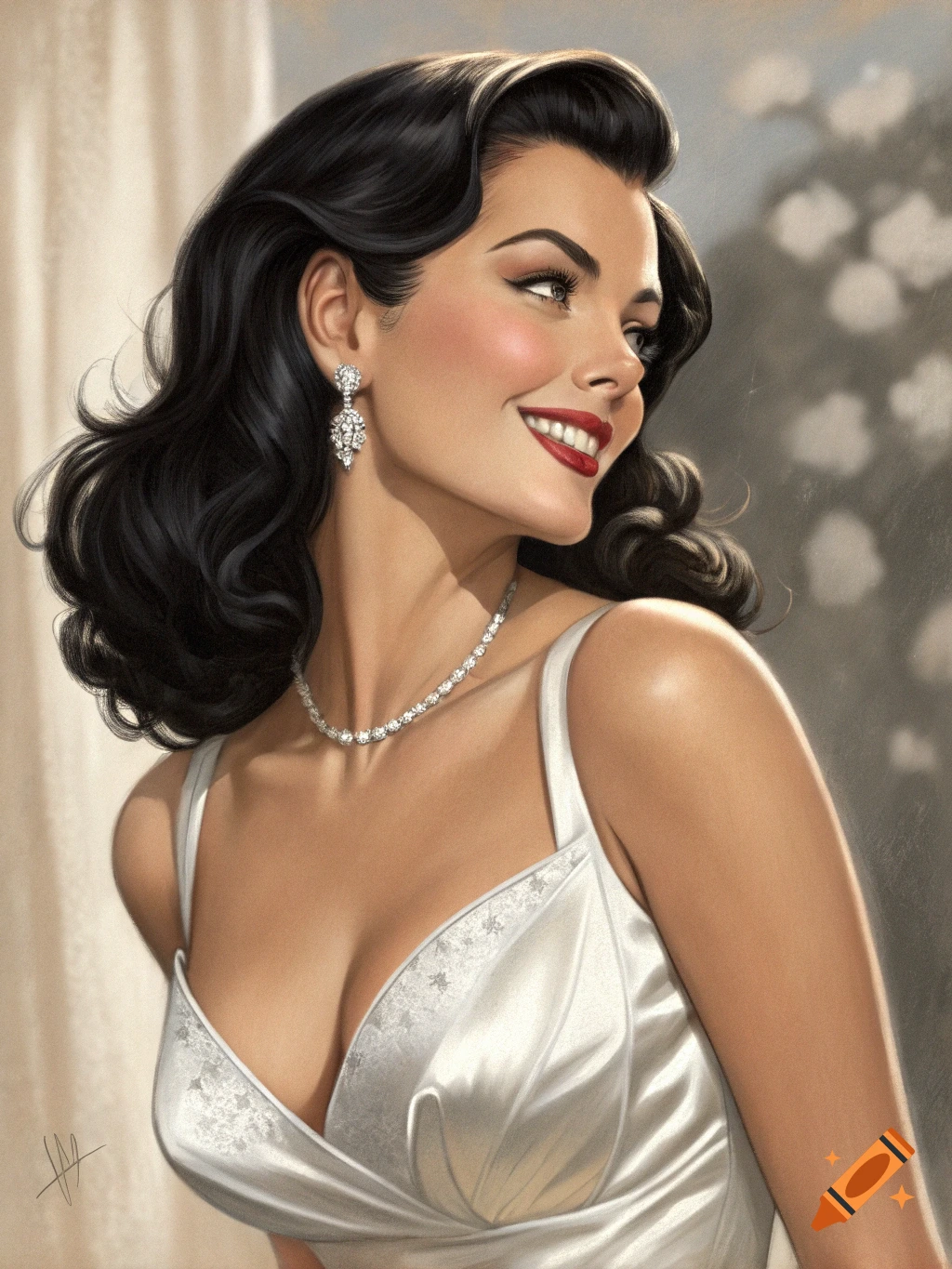 Glamour portrait of a smiling woman with black hair in a white satin slip and diamond jewelry.