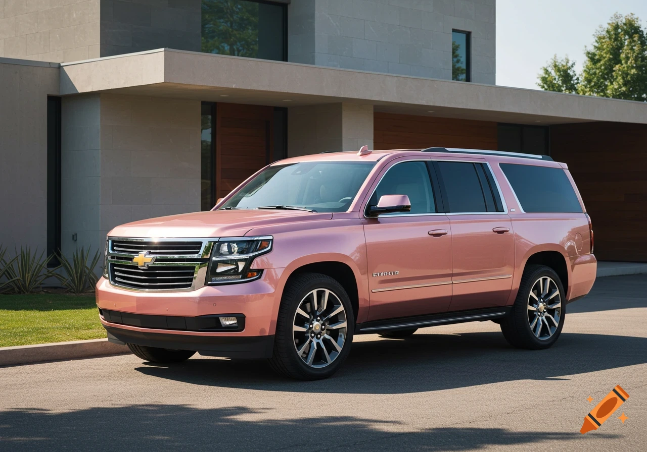 A rose gold Chevrolet Suburban parked in front of a modern building.