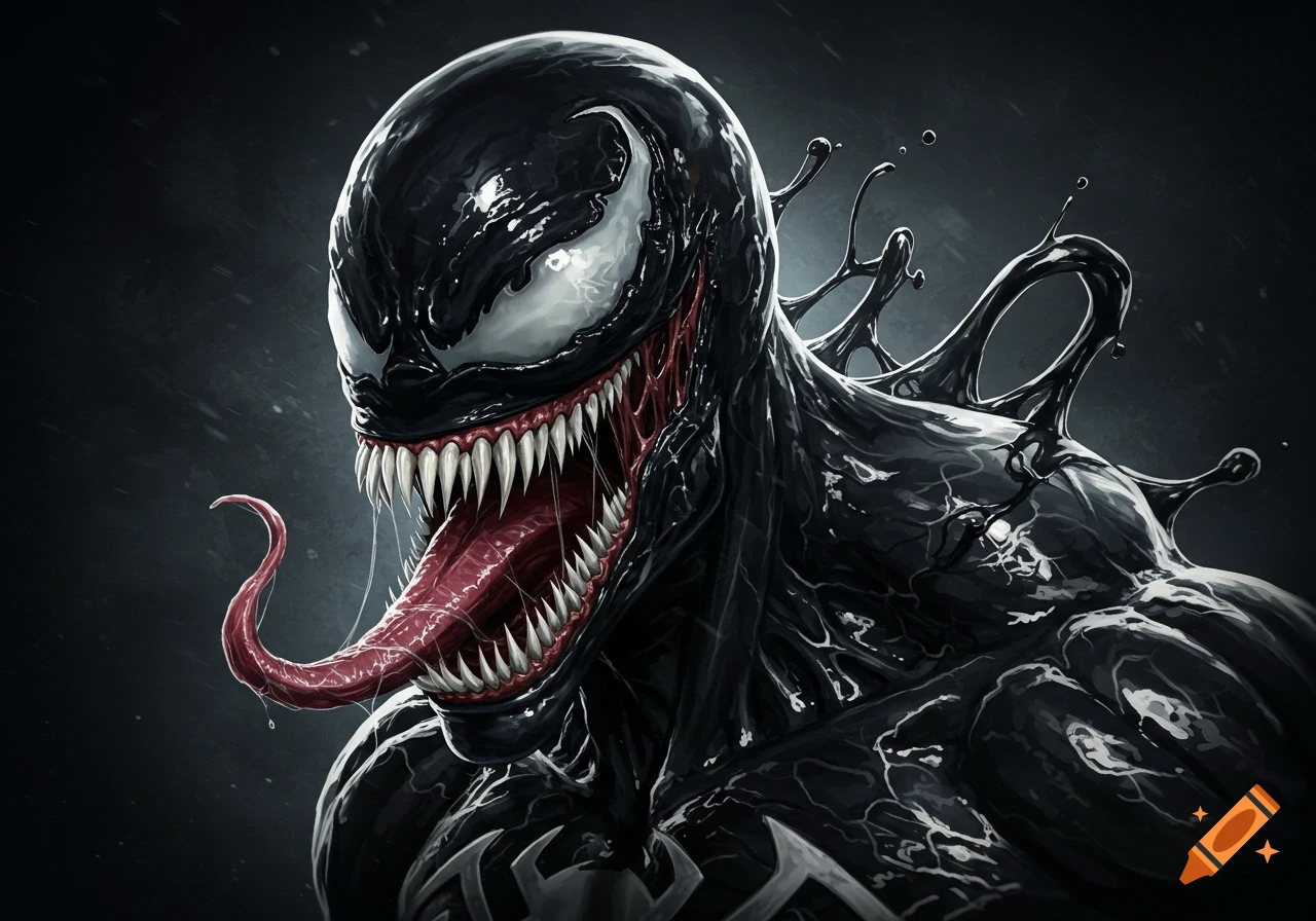 Close-up portrait of the Marvel character Venom with sharp teeth and long tongue