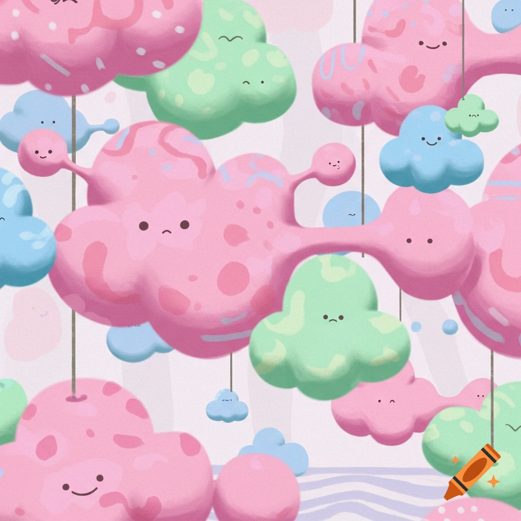 Cute pastel illustration of smiling and frowning clouds hanging on strings.
