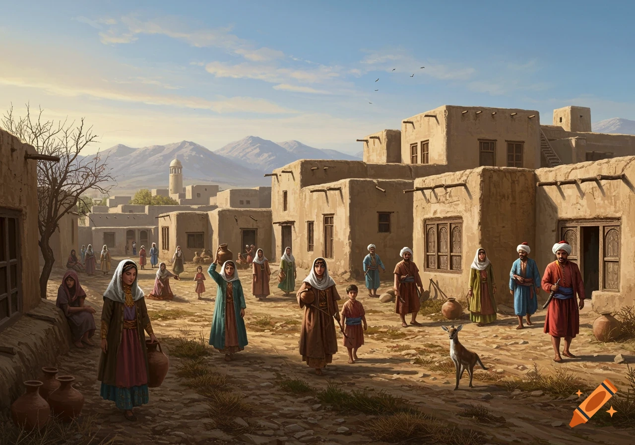 A historical scene of people in traditional clothing in an adobe village with mountains in the background.