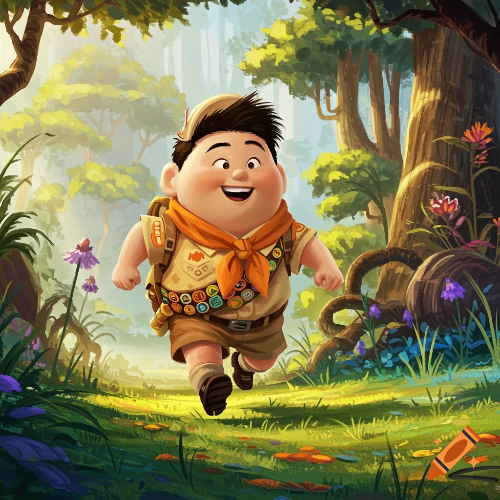 Illustration of Russell from the movie Up running through a sunny forest path, wearing his wilderness explorer uniform.