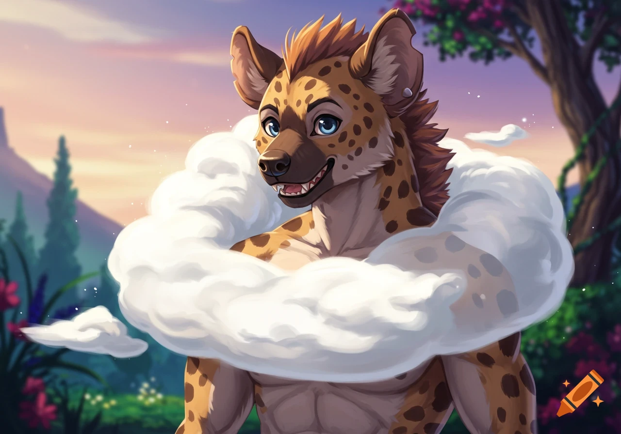 An anthro hyena character wrapped in a cloud, looking forward in a fantasy landscape at sunset.