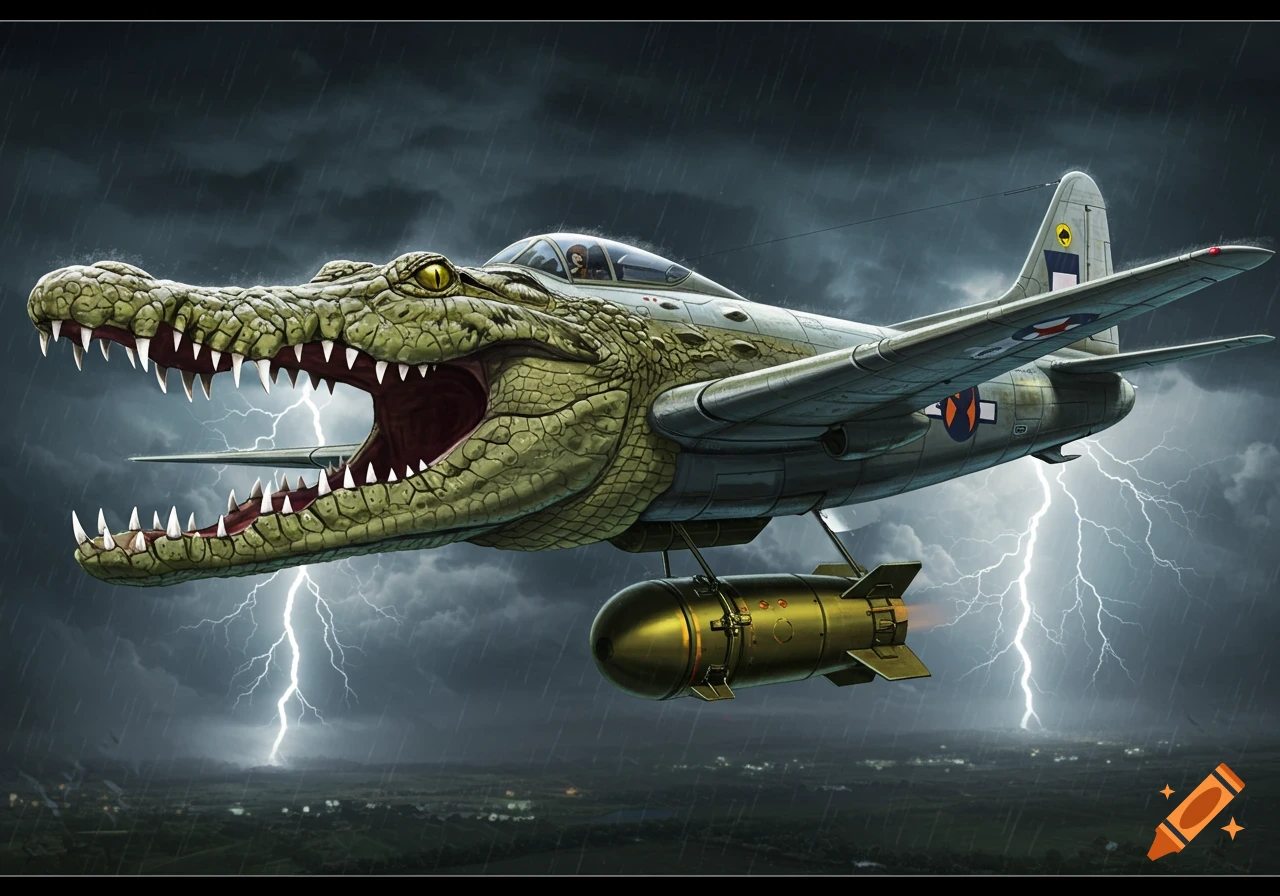 Illustration of a jet plane with a crocodile head flying through a stormy sky with lightning, carrying a large bomb.
