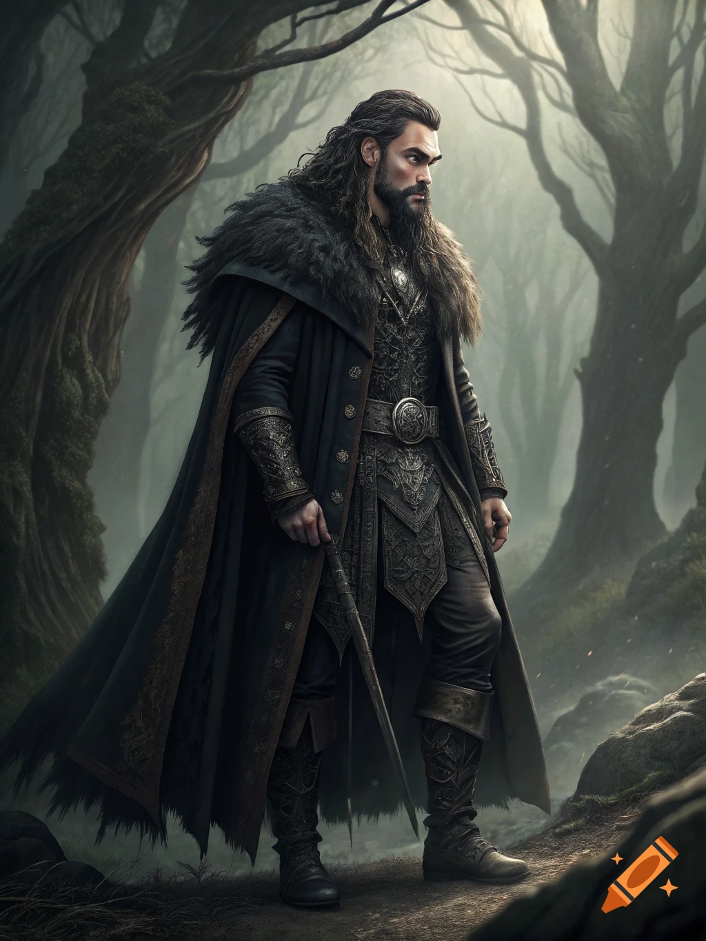 A man resembling Jason Momoa in gothic fantasy attire and a fur-lined cloak stands in a misty forest.