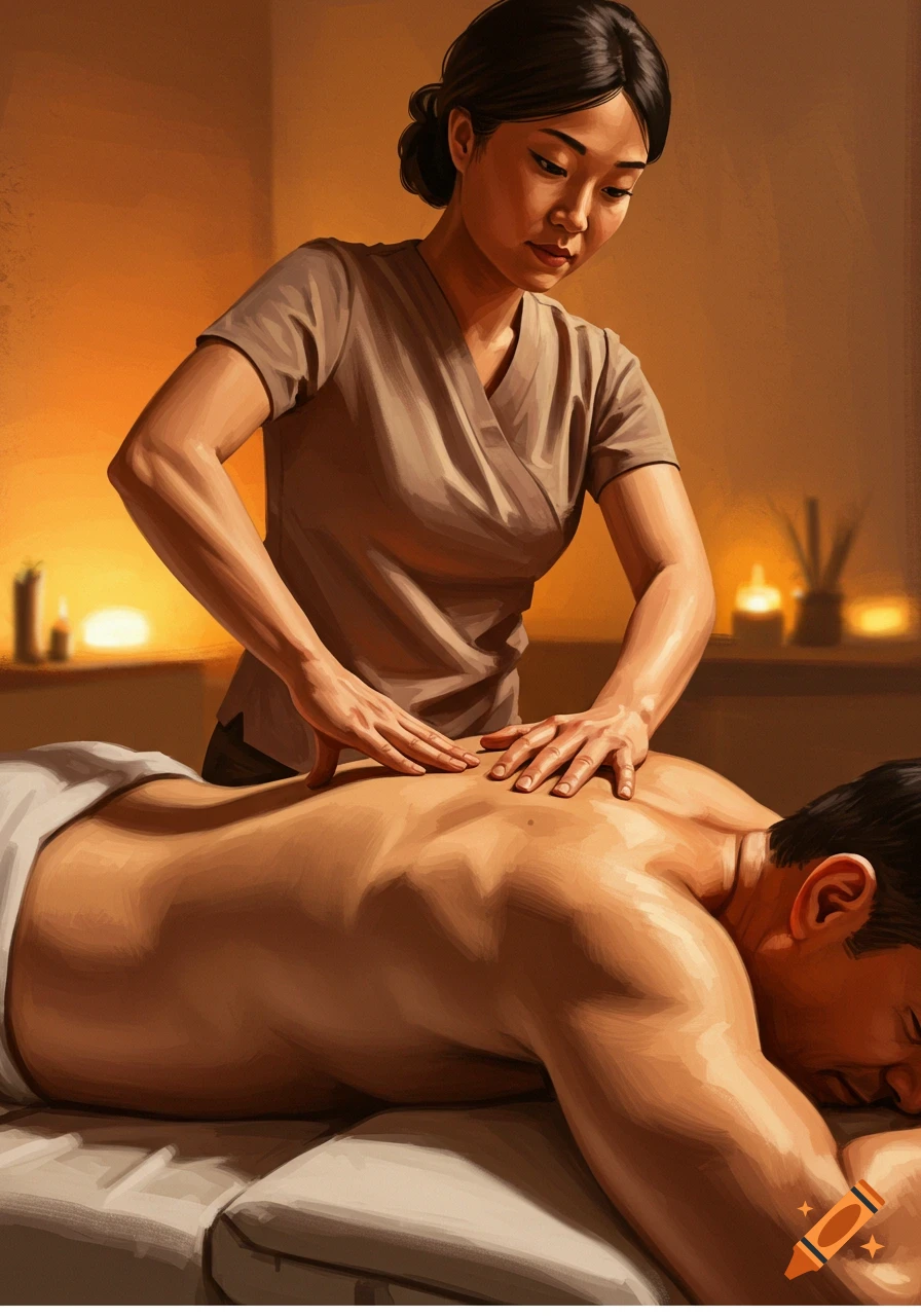 Woman massaging man's back in dimly lit room with candles.