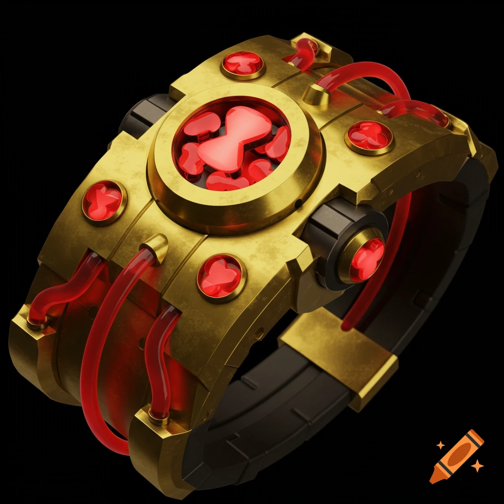 A golden sci-fi wrist device with red tubes and red hearts.