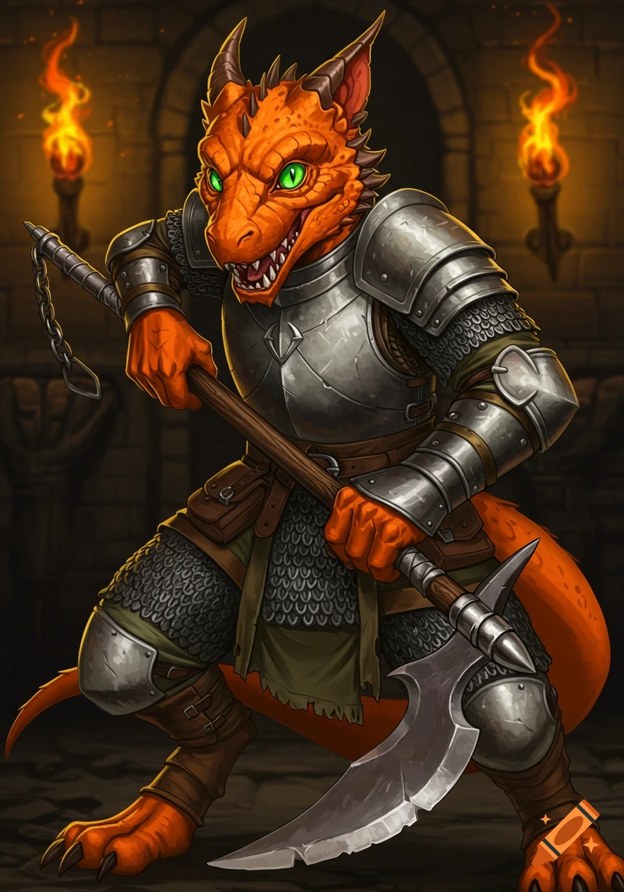 An orange, dragon-like creature in full plate and chainmail armor wields a glaive in a torchlit dungeon.