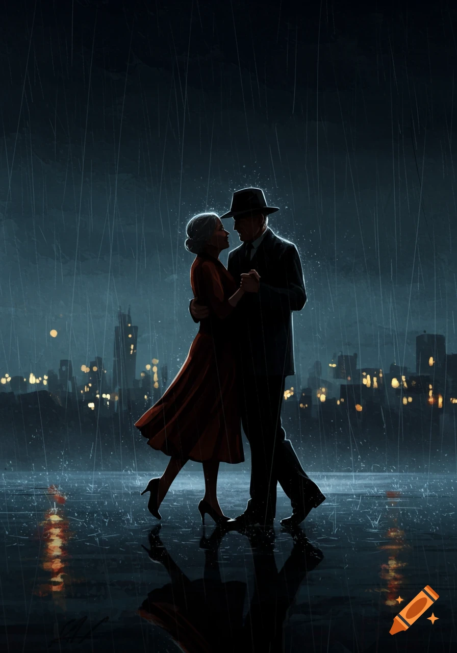 Silhouette of an older couple dancing in the rain against a city skyline