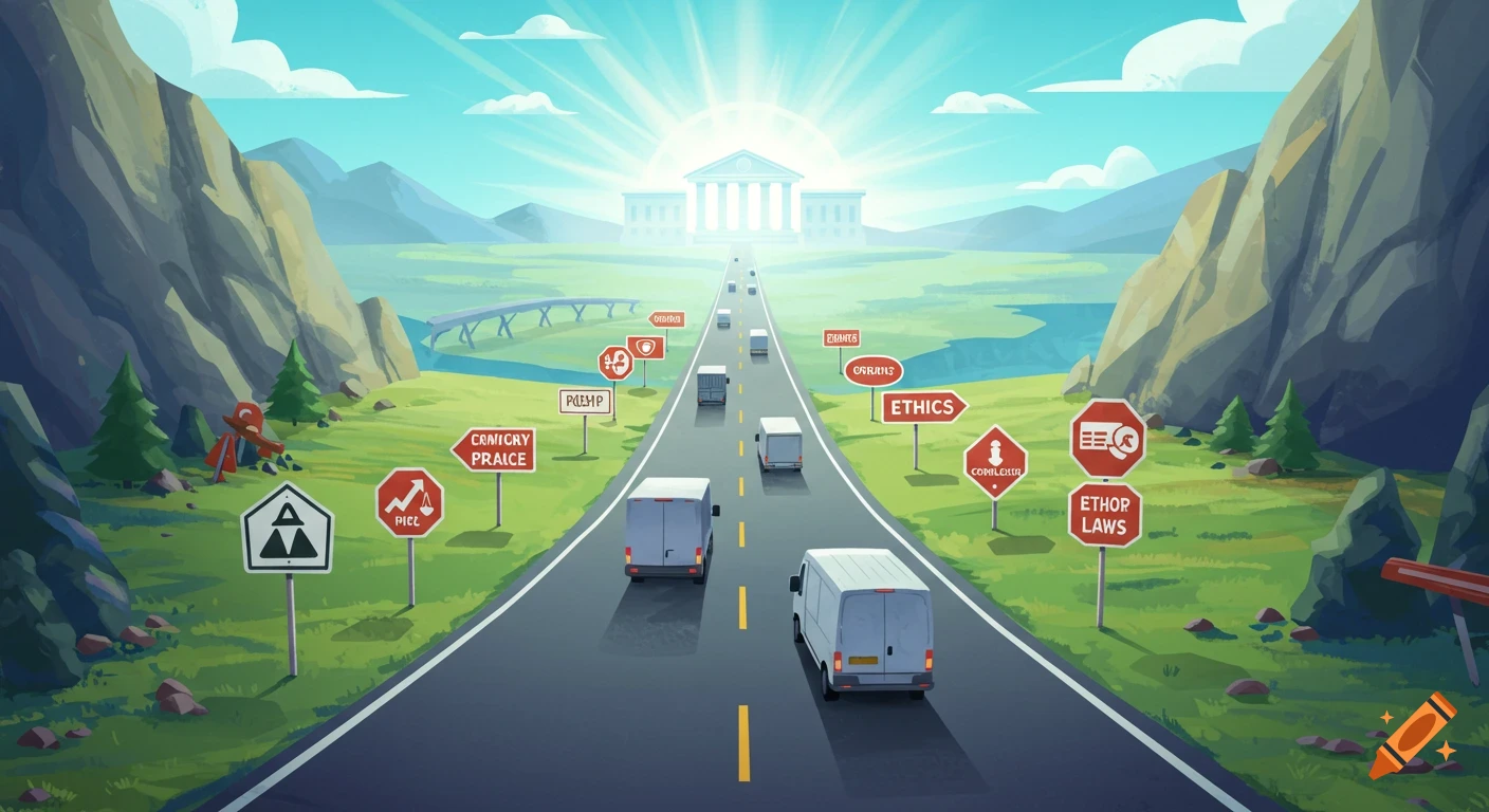 Cartoon illustration of a road leading towards a building on the horizon, with vans driving and signs along the road.