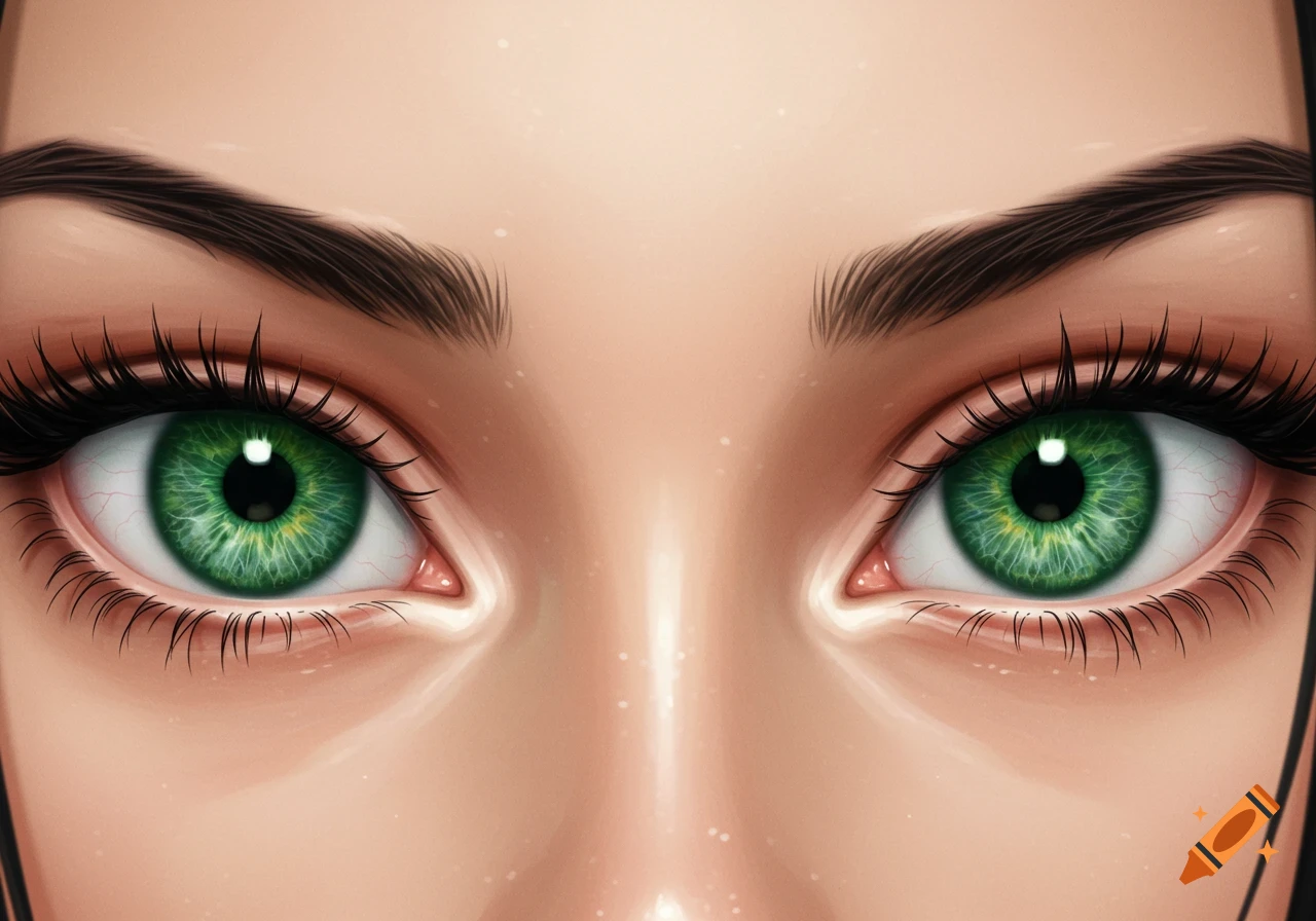 A close-up of stylized green anime eyes.