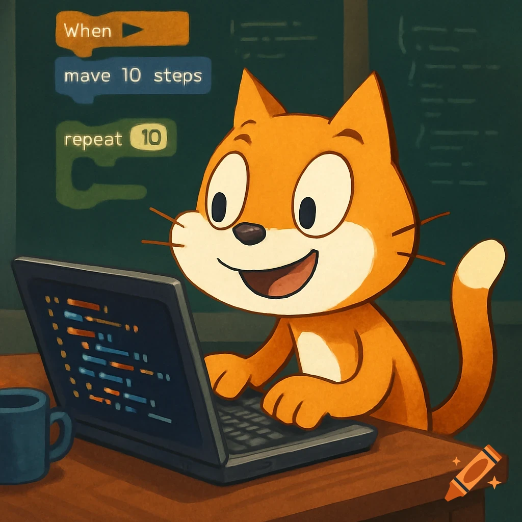 Cartoon orange cat, the Scratch mascot, coding on a laptop.