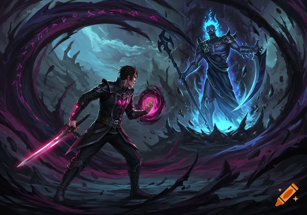Fantasy warrior with glowing sword fights a blue skeletal figure in a dark, mystical battle scene.