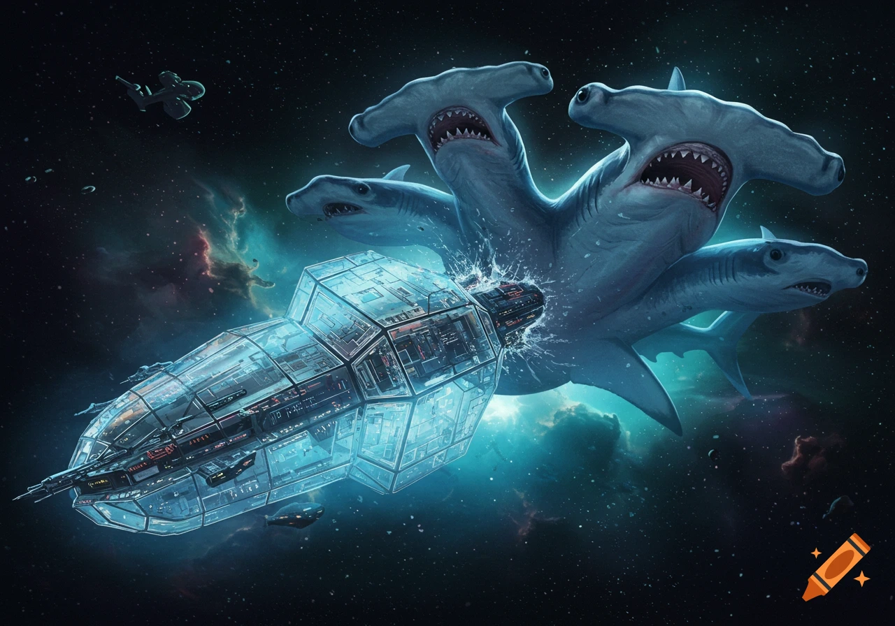 Giant four-headed hammerhead sharks bite a futuristic glassy spaceship in space.