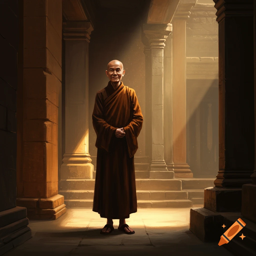 A monk stands in a sunlit hallway of a temple, hands clasped.