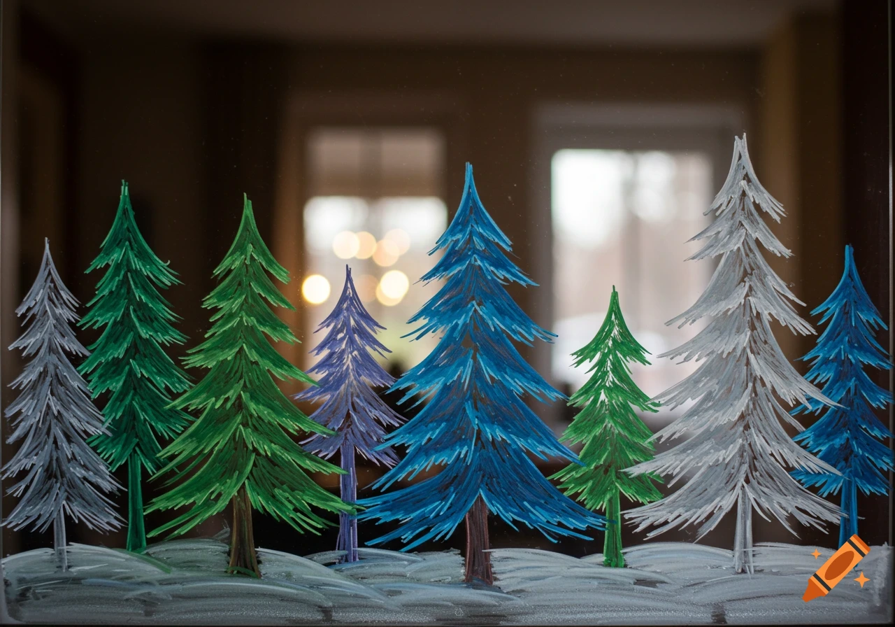 Pine trees drawn on a window with chalk markers.