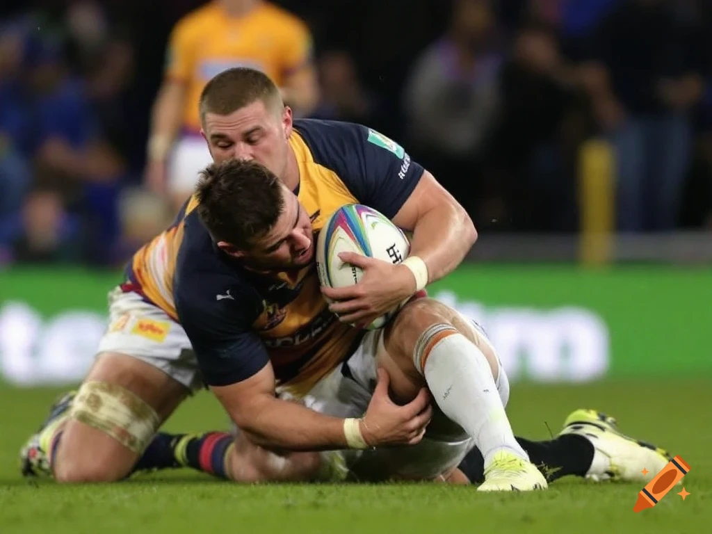 Two rugby players tackle each other during a match