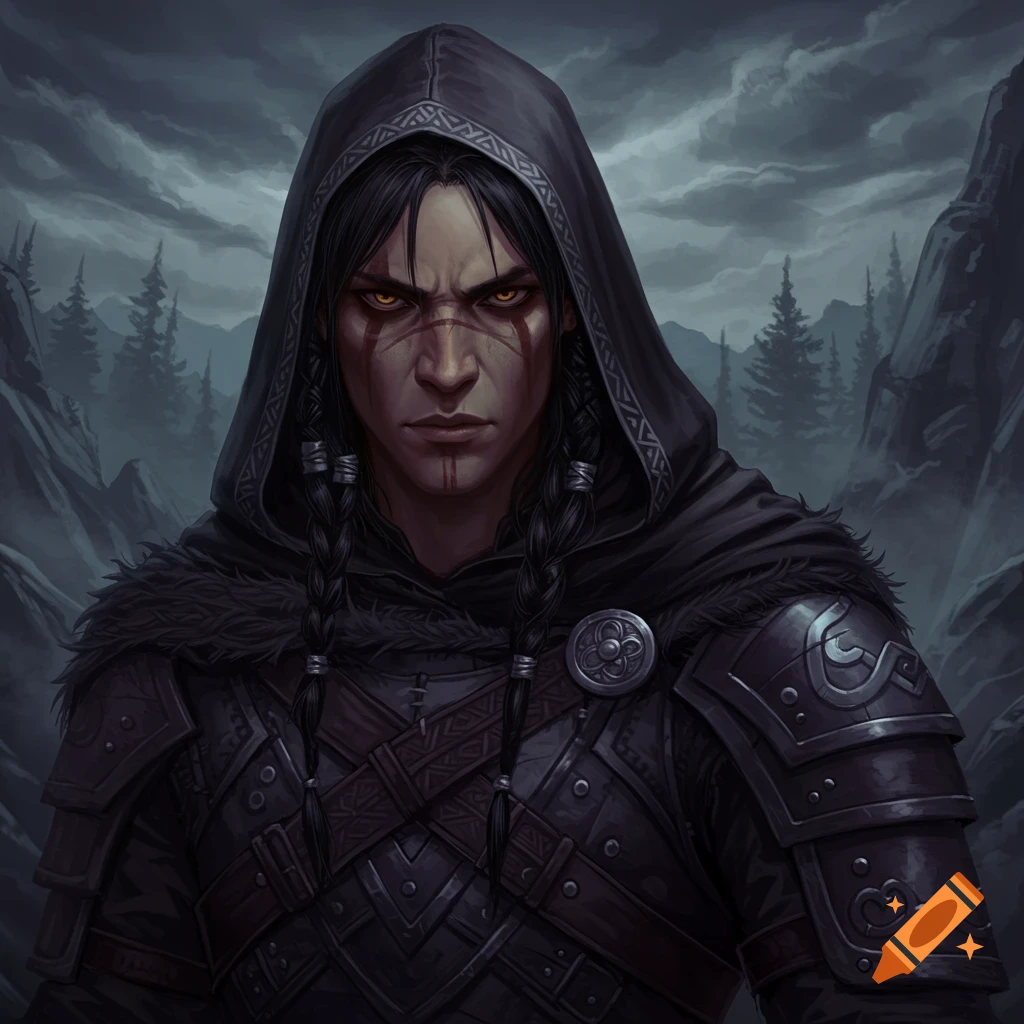 Dark fantasy portrait of a hooded warrior with braided hair and face ...