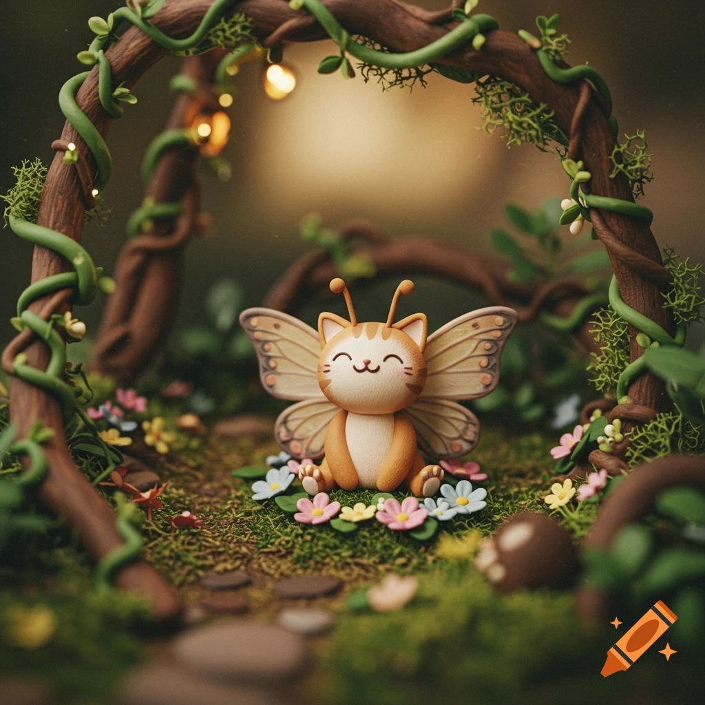 A cute clay cat with butterfly wings sits in a miniature forest diorama among flowers and vines.
