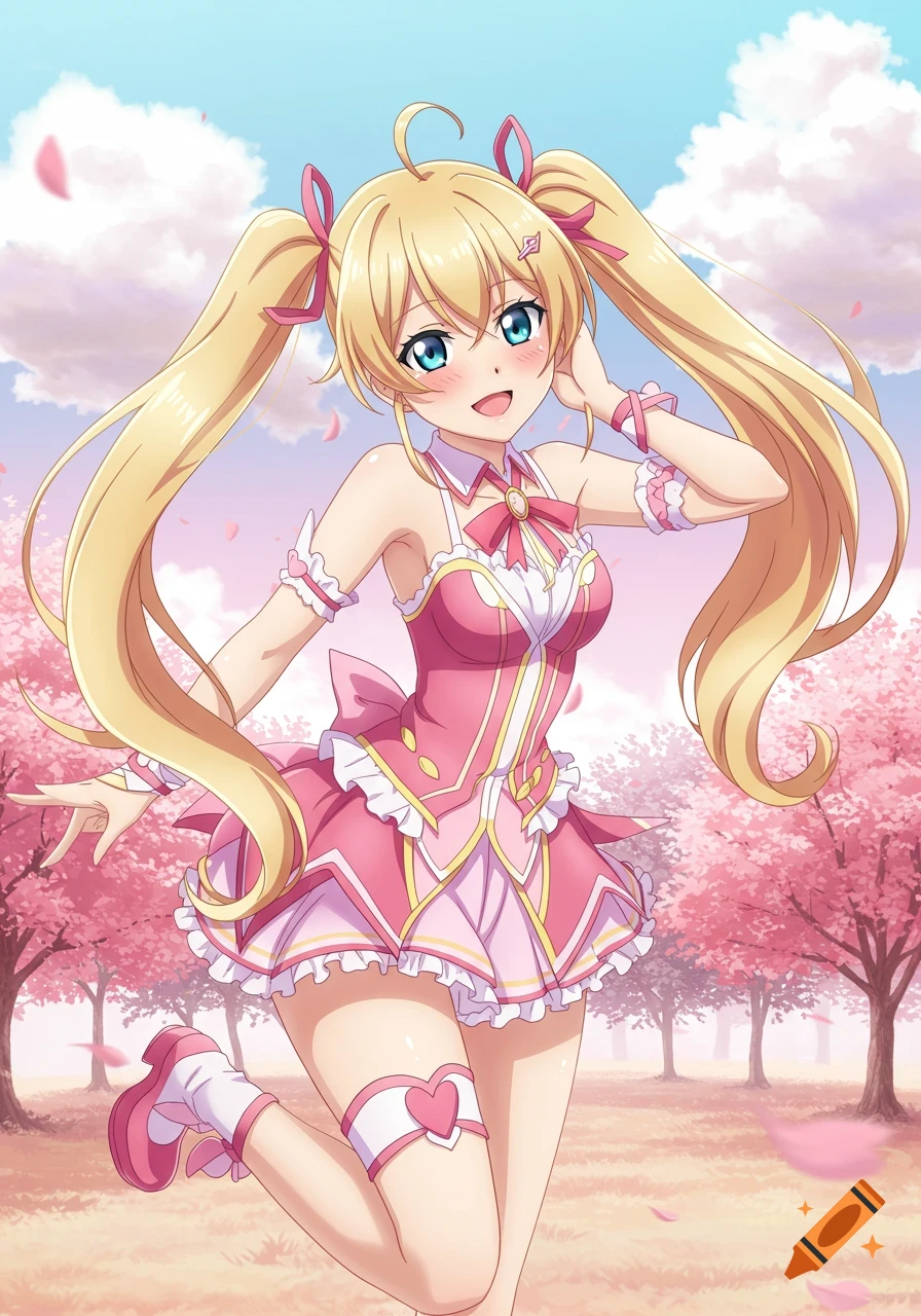 Anime girl with blonde pigtails in pink dress among cherry blossoms