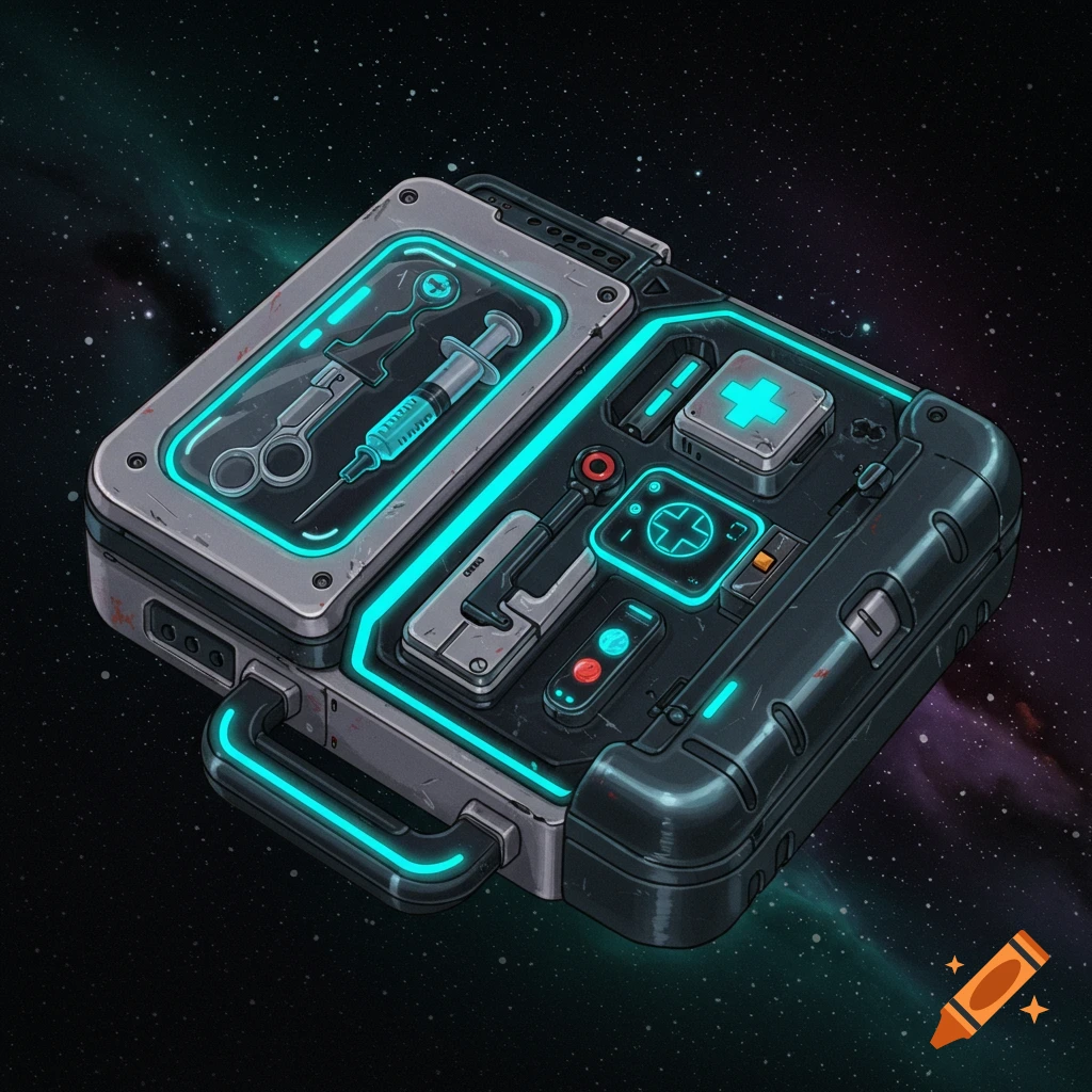 Sci-fi medkit with glowing blue elements and medical tools in space